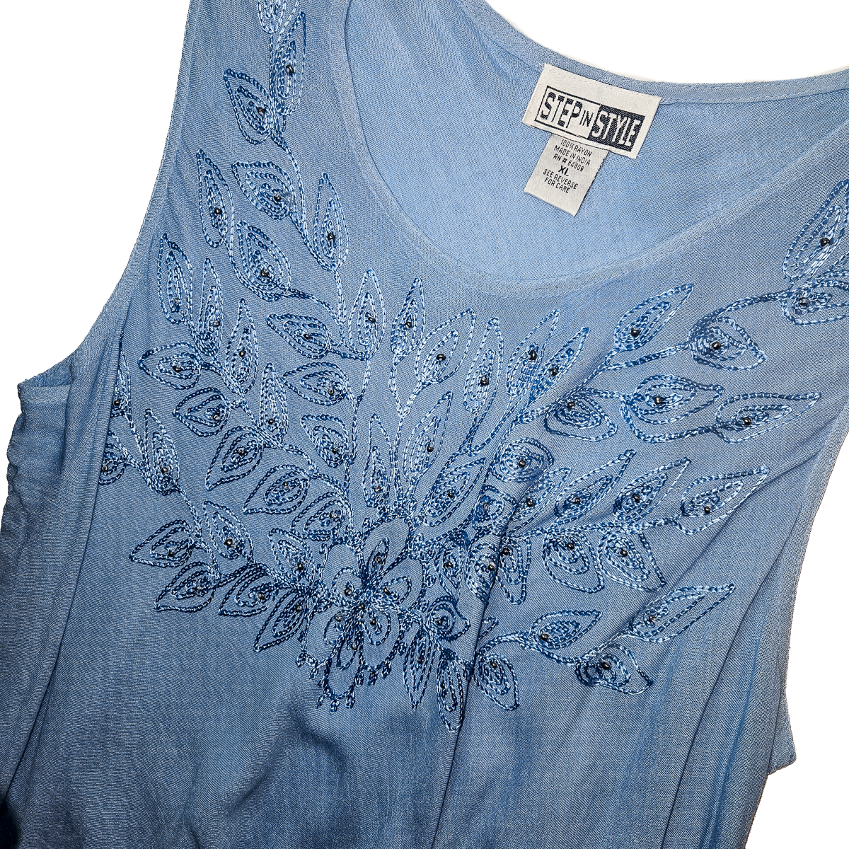 Vintage 90s Boho Chic Blue Ombre Embroidered Dress - XL