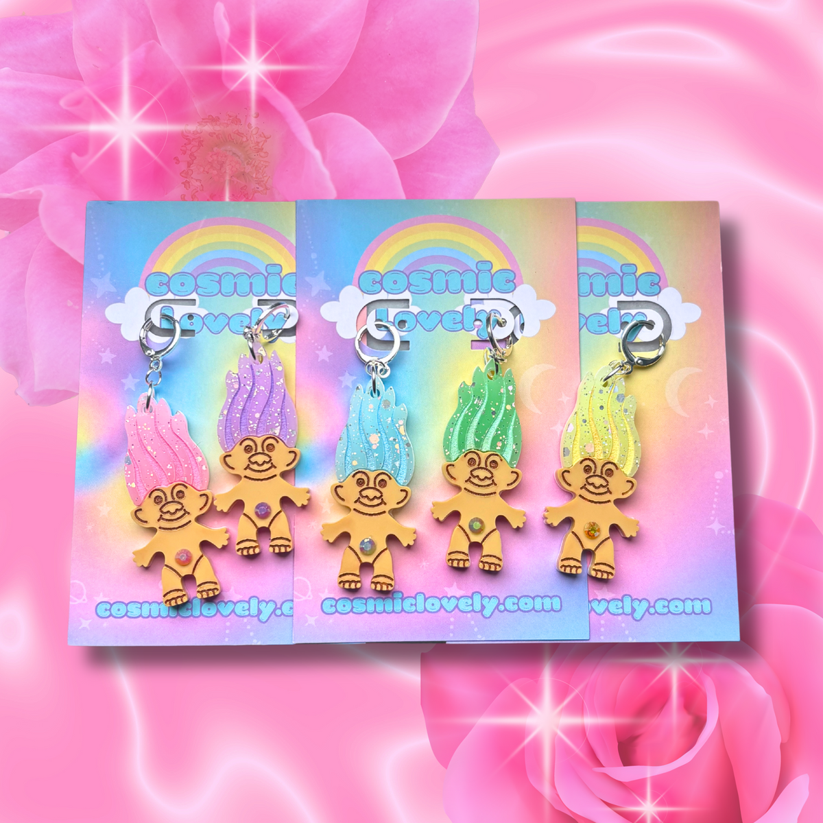 Pastel Rainbow Confetti Spring Troll Earrings