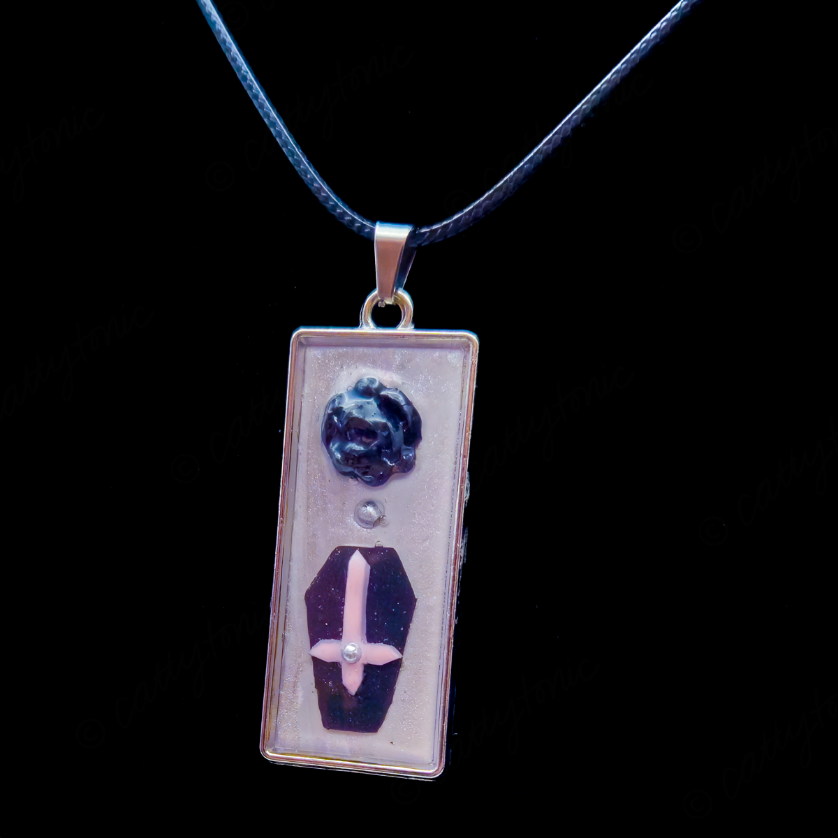 Coffin Pendant Necklace - Set in Bezel on Adjustable Black Cord