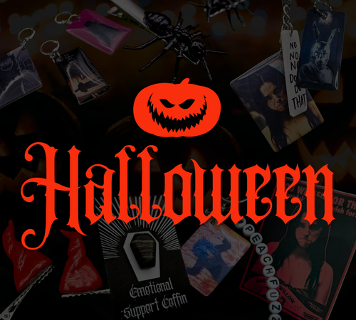 halloween text with spooky jack o lantern on background of halloween collection products faded into black