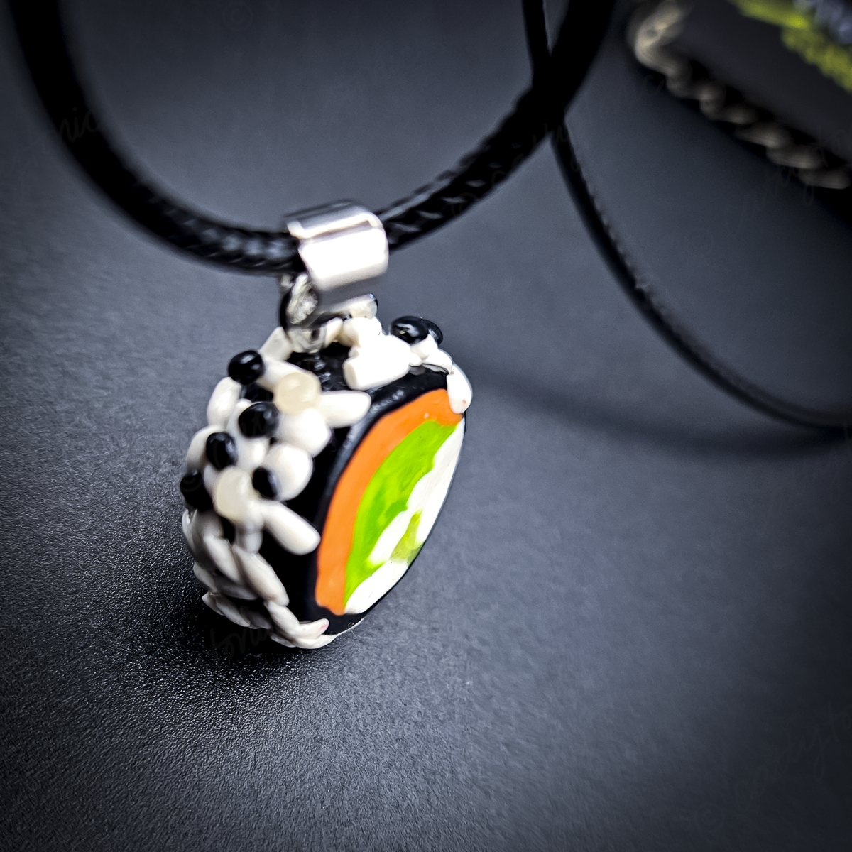Sushi Roll Necklace - Handmade Pendant on 18" Corded Adjustable Necklace
