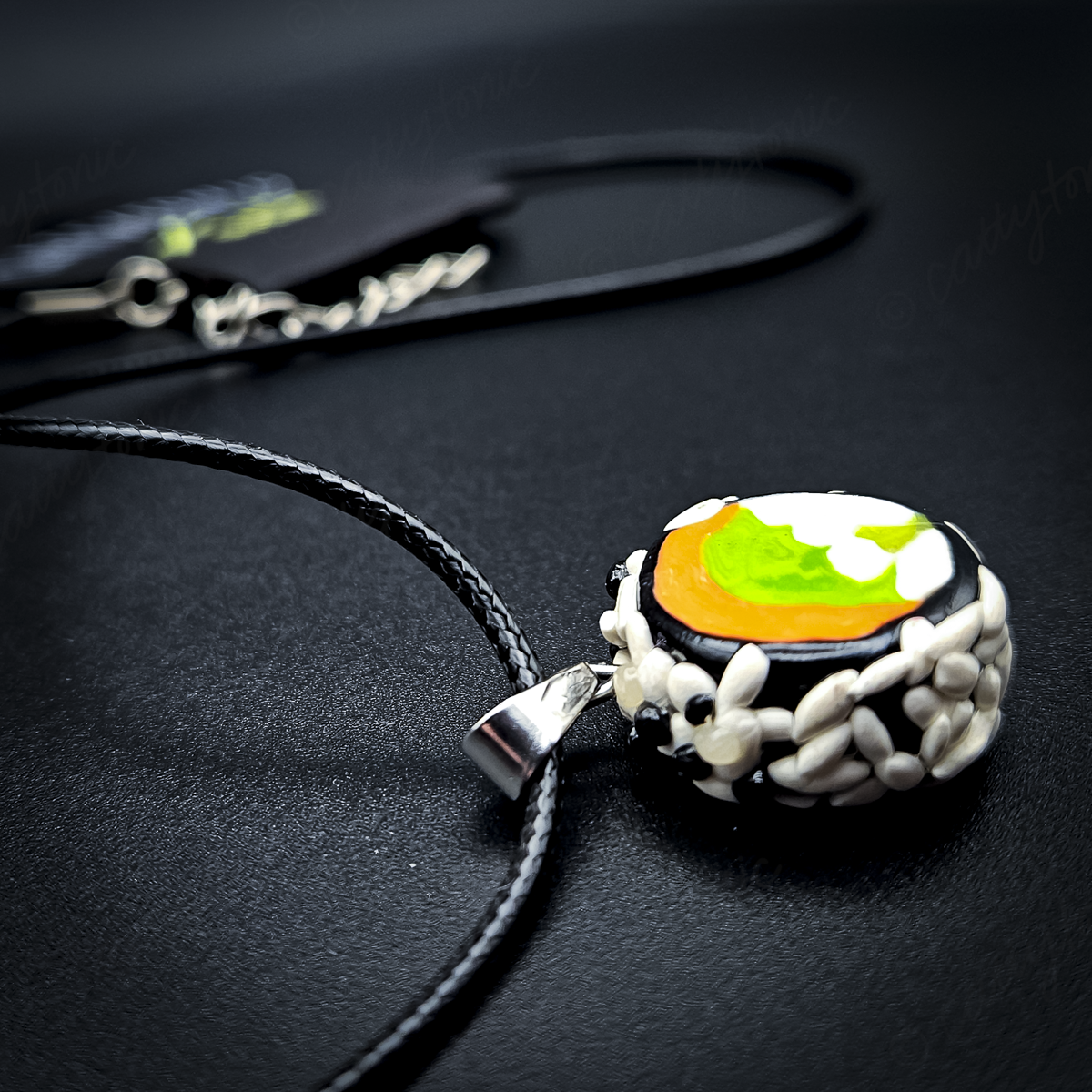 Sushi Roll Necklace - Handmade Pendant on 18" Corded Adjustable Necklace