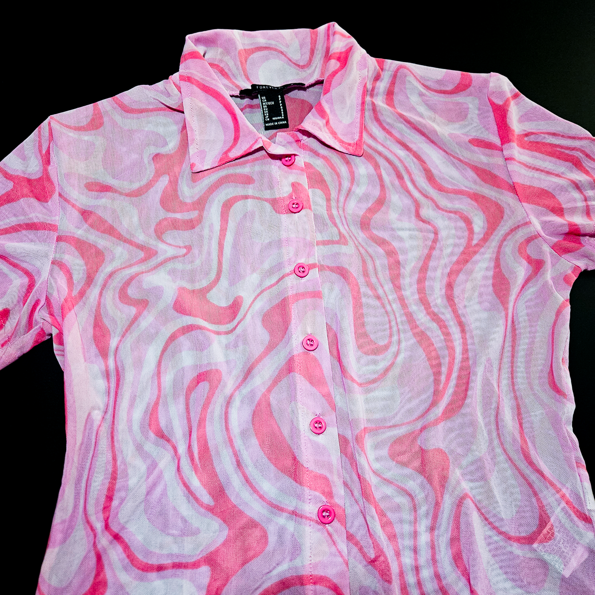 Forever 21 Pink Psychedelic Swirl Mesh Button-Up Crop Top - Size S