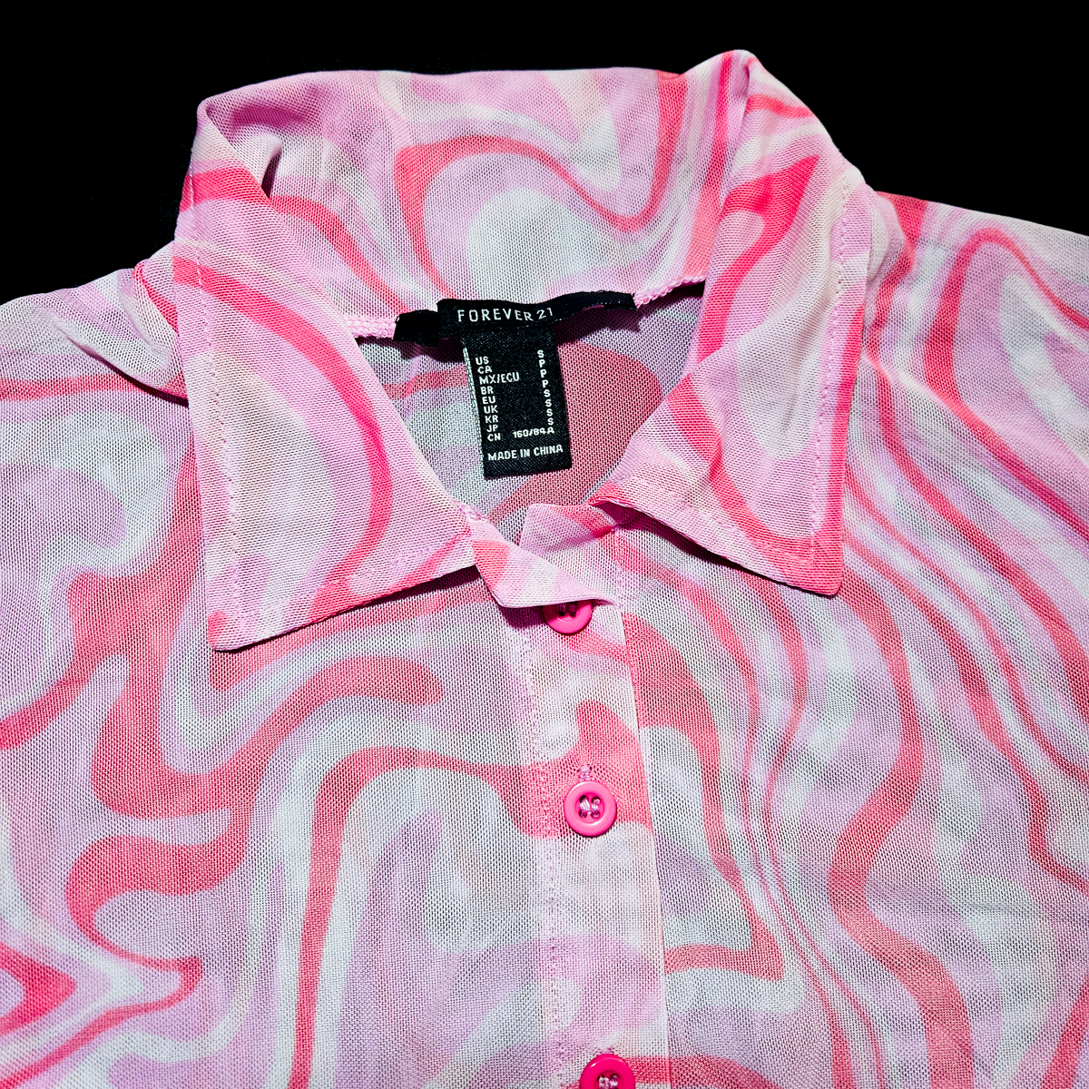 Forever 21 Pink Psychedelic Swirl Mesh Button-Up Crop Top - Size S