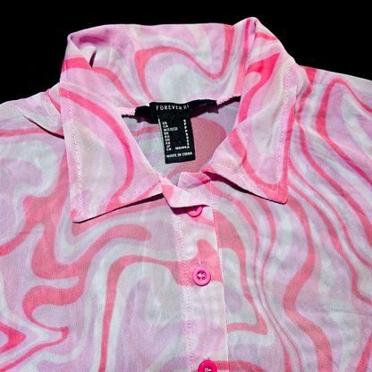 Forever 21 Pink Psychedelic Swirl Mesh Button-Up Crop Top - Size S