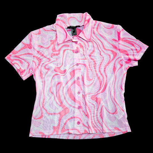 Forever 21 Pink Psychedelic Swirl Mesh Button-Up Crop Top - Size S