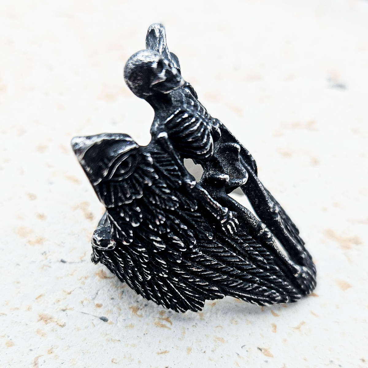 Angelic Skeleton Gothic Ring - Dark Silver - Large
