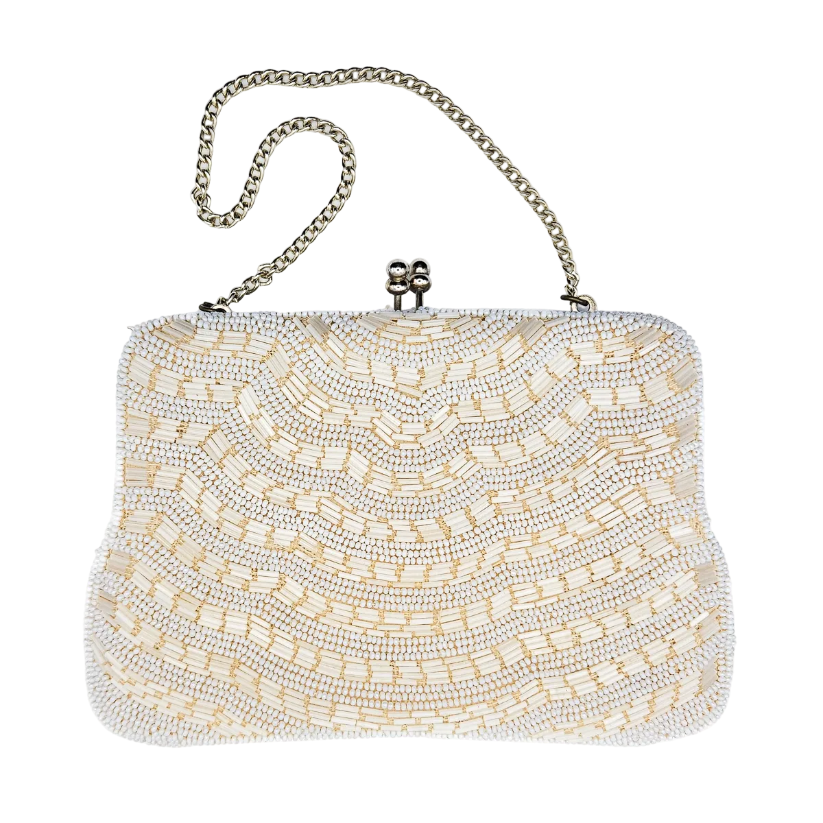 Beaded vintage bridal handbag with a chain strap on a white background