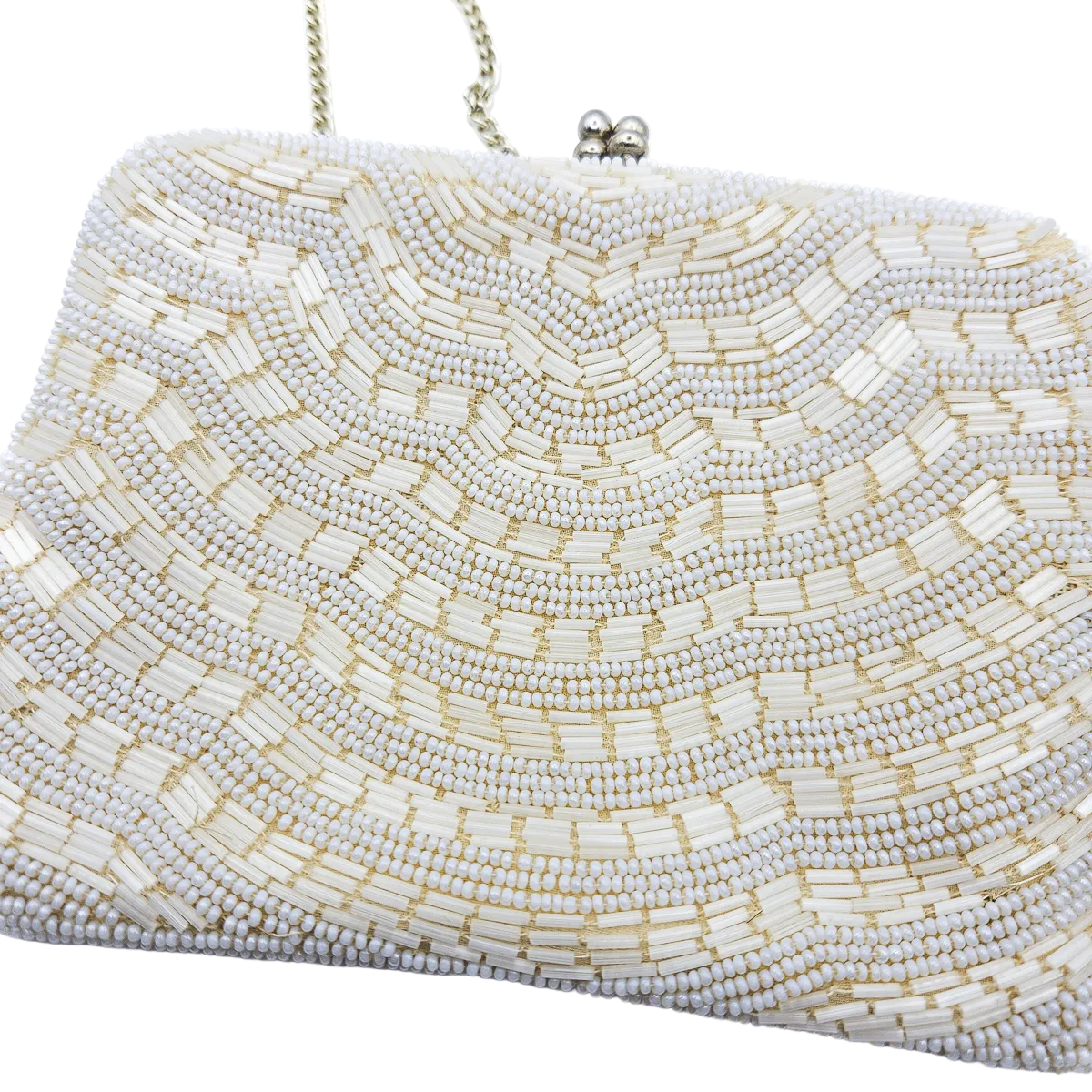 White beaded clutch bag on a white background