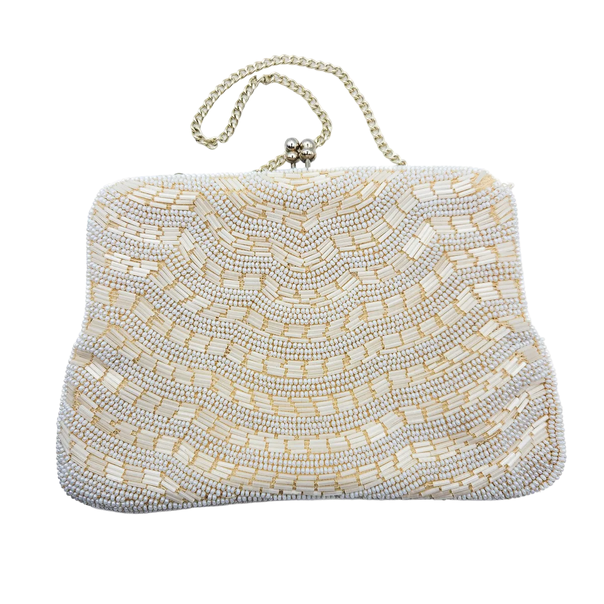 Beaded clutch bag with a chain strap on a white background