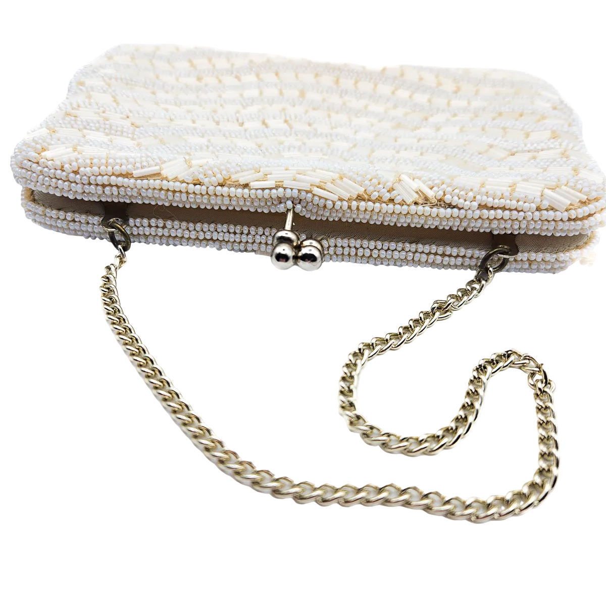 White beaded clutch bag with a chain strap on a white background