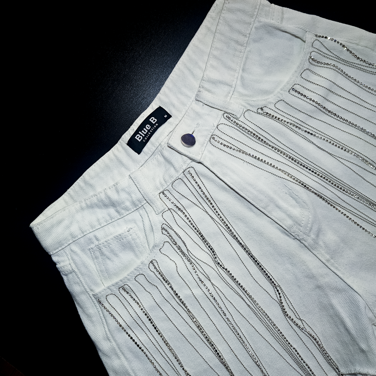 Blue B Denim Shorts with Silver Chains - Size M