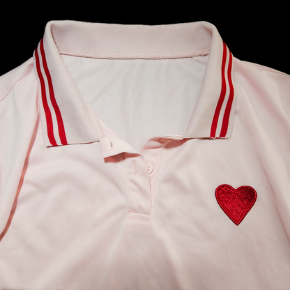 Pastel Pink Embroidered Heart Preppy Polo - Size L