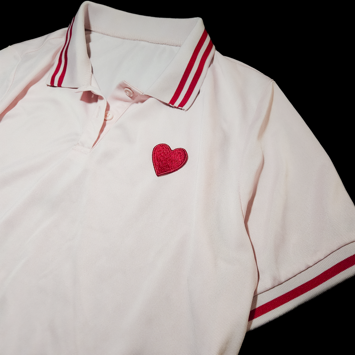 Pastel Pink Embroidered Heart Preppy Polo - Size L