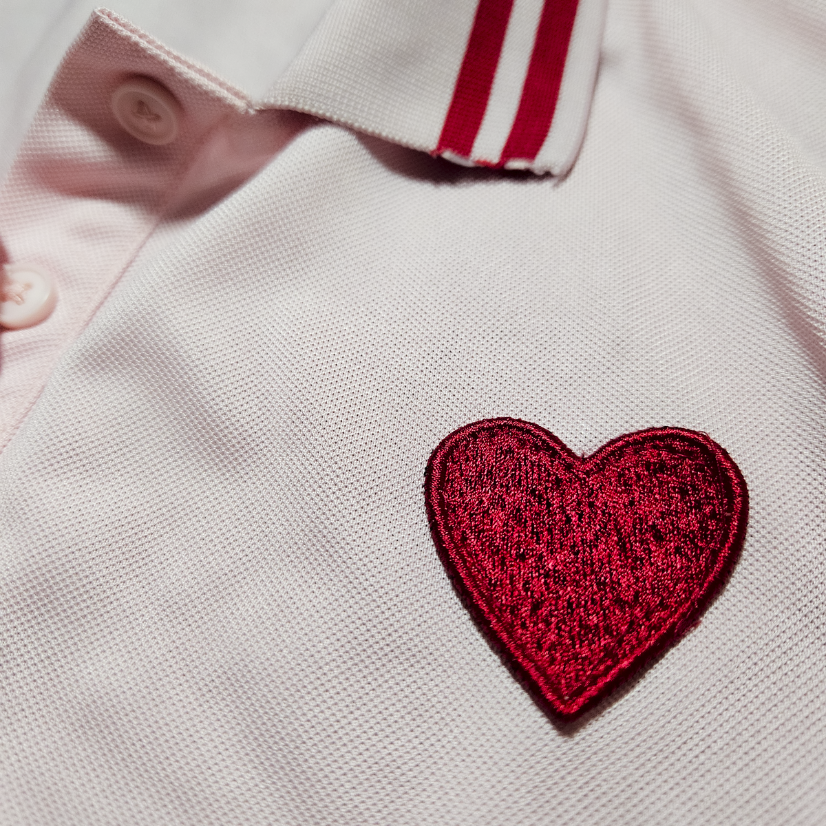 Pastel Pink Embroidered Heart Preppy Polo - Size L