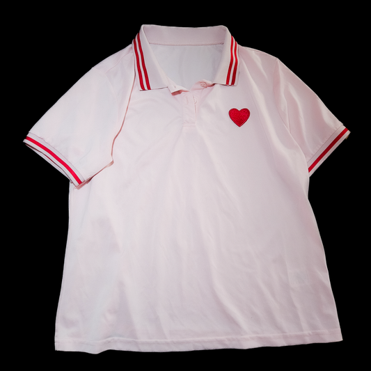 Pastel Pink Embroidered Heart Preppy Polo - Size L