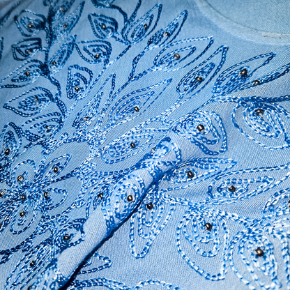 Vintage 90s Boho Chic Blue Ombre Embroidered Dress - XL