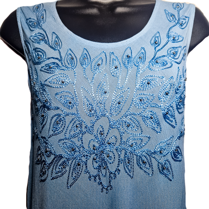 Vintage 90s Boho Chic Blue Ombre Embroidered Dress - XL