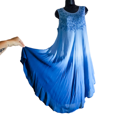 Vintage 90s Boho Chic Blue Ombre Embroidered Dress - XL