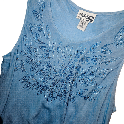 Vintage 90s Boho Chic Blue Ombre Embroidered Dress - XL