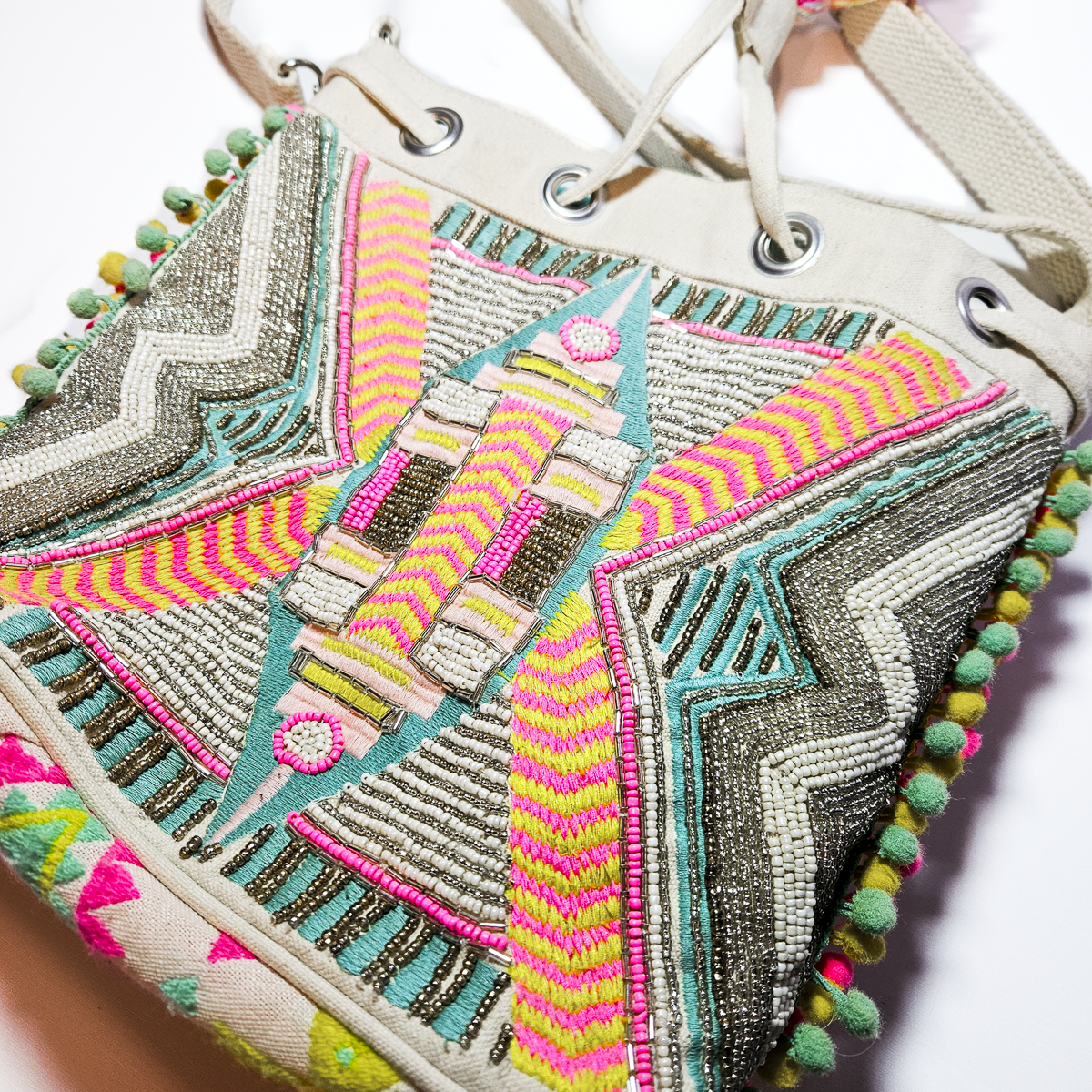 America and Beyond Hand Beaded Boho Bucket Bag