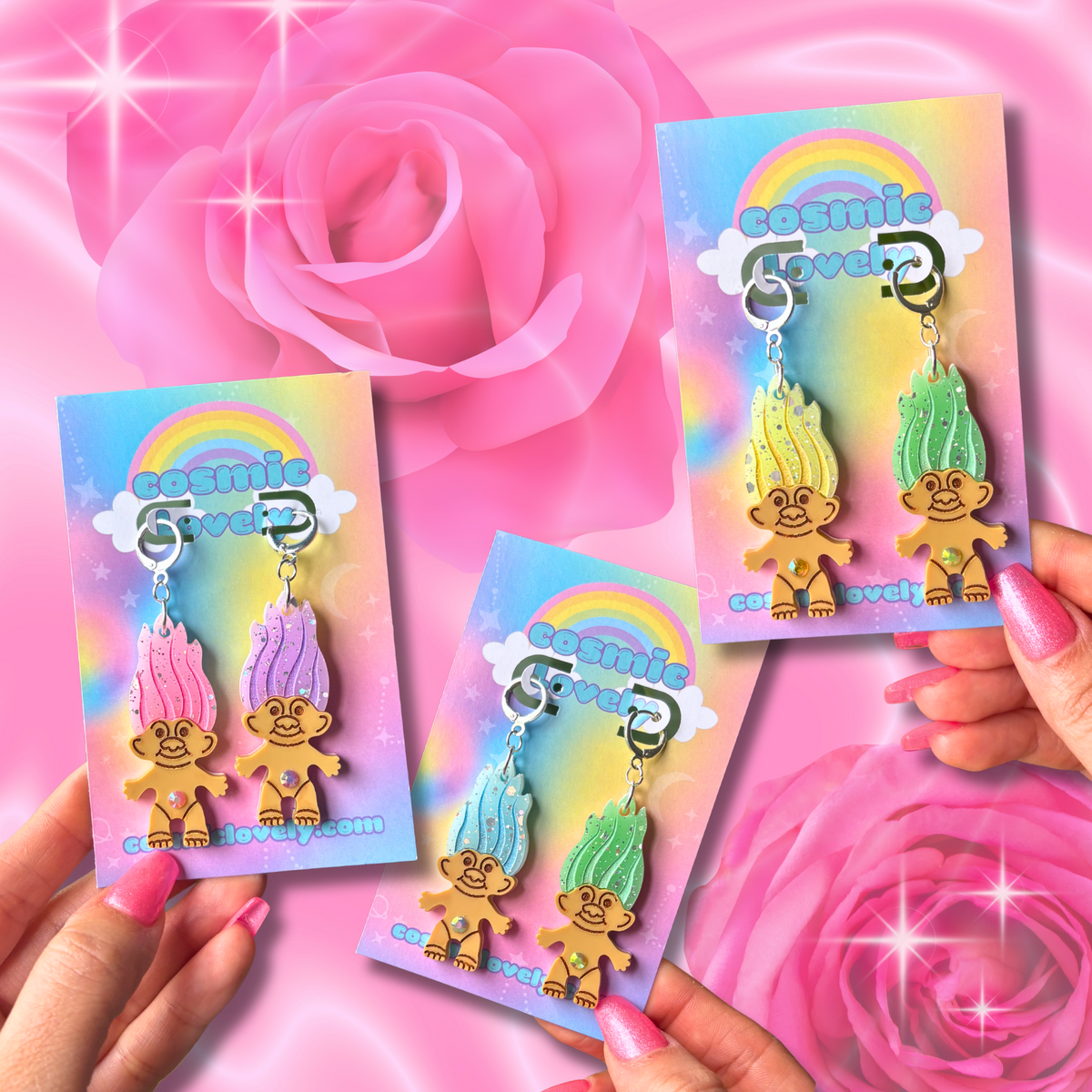 Pastel Rainbow Confetti Spring Troll Earrings
