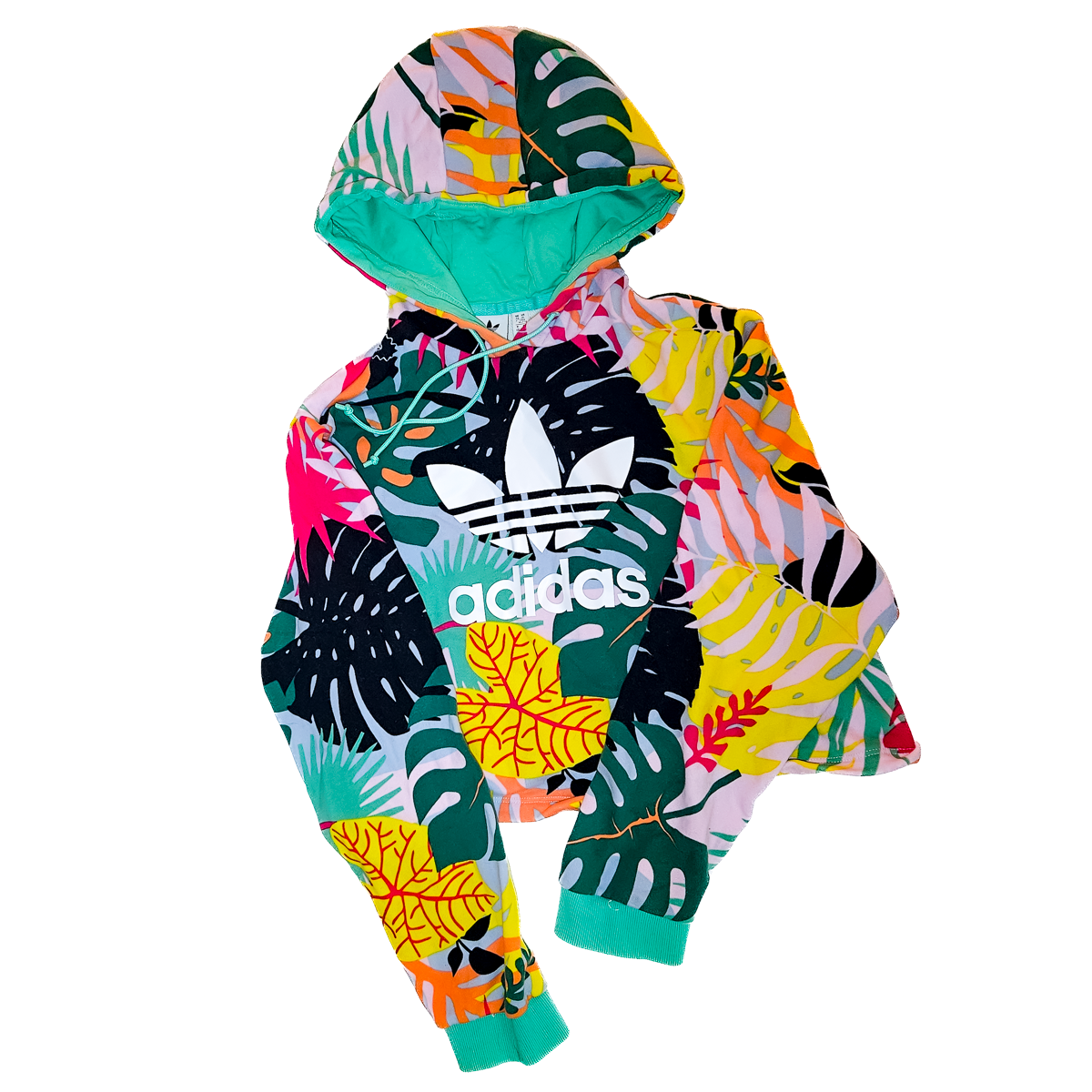Adidas Originals x FARM Rio Tropical Monstera Cropped Hoodie Trefoil Logo Pullover - Size XL