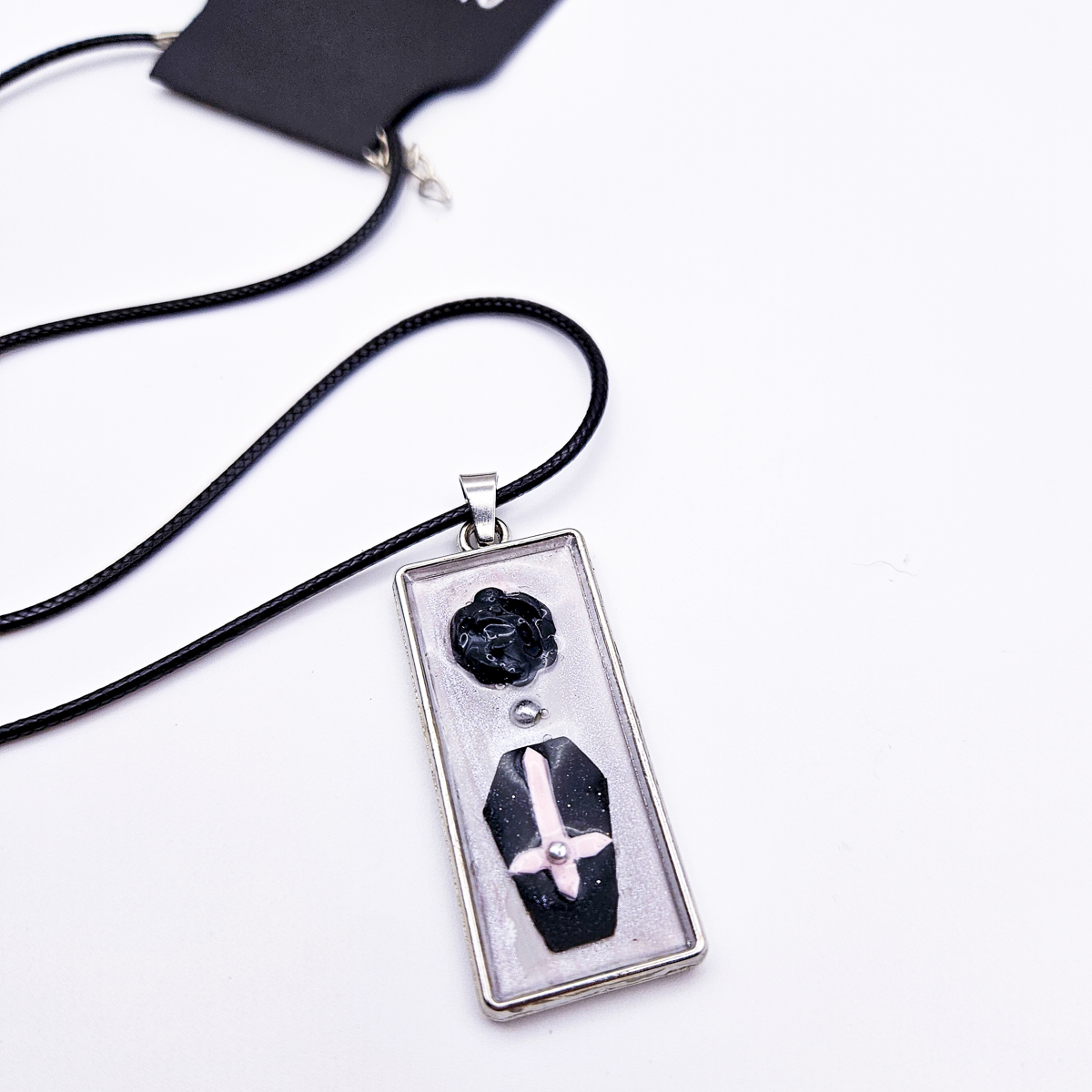 Coffin Pendant Necklace - Set in Bezel on Adjustable Black Cord