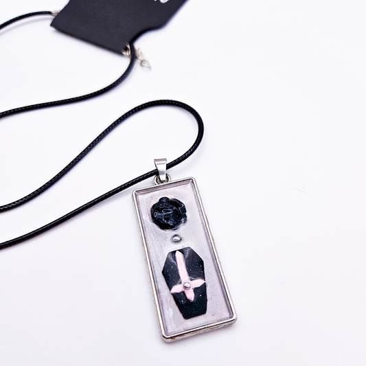 Coffin Pendant Necklace - Set in Bezel on Adjustable Black Cord