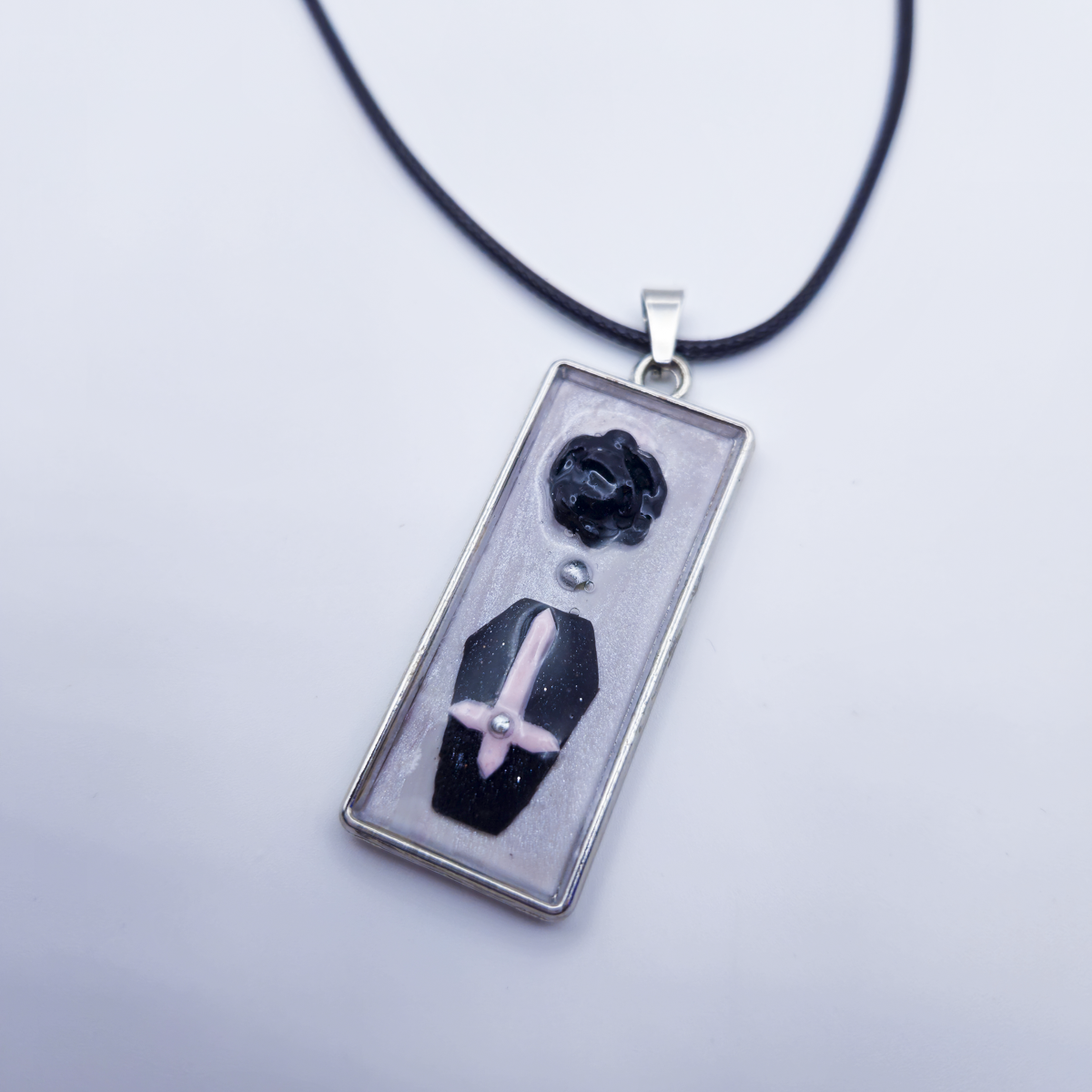 Coffin Pendant Necklace - Set in Bezel on Adjustable Black Cord