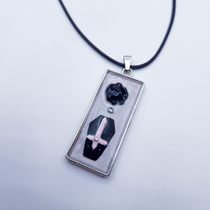 Coffin Pendant Necklace - Set in Bezel on Adjustable Black Cord