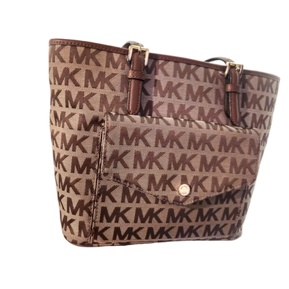 Michael Kors MK Signature Tote Bag Beige Brown Leather Shoulder Bag