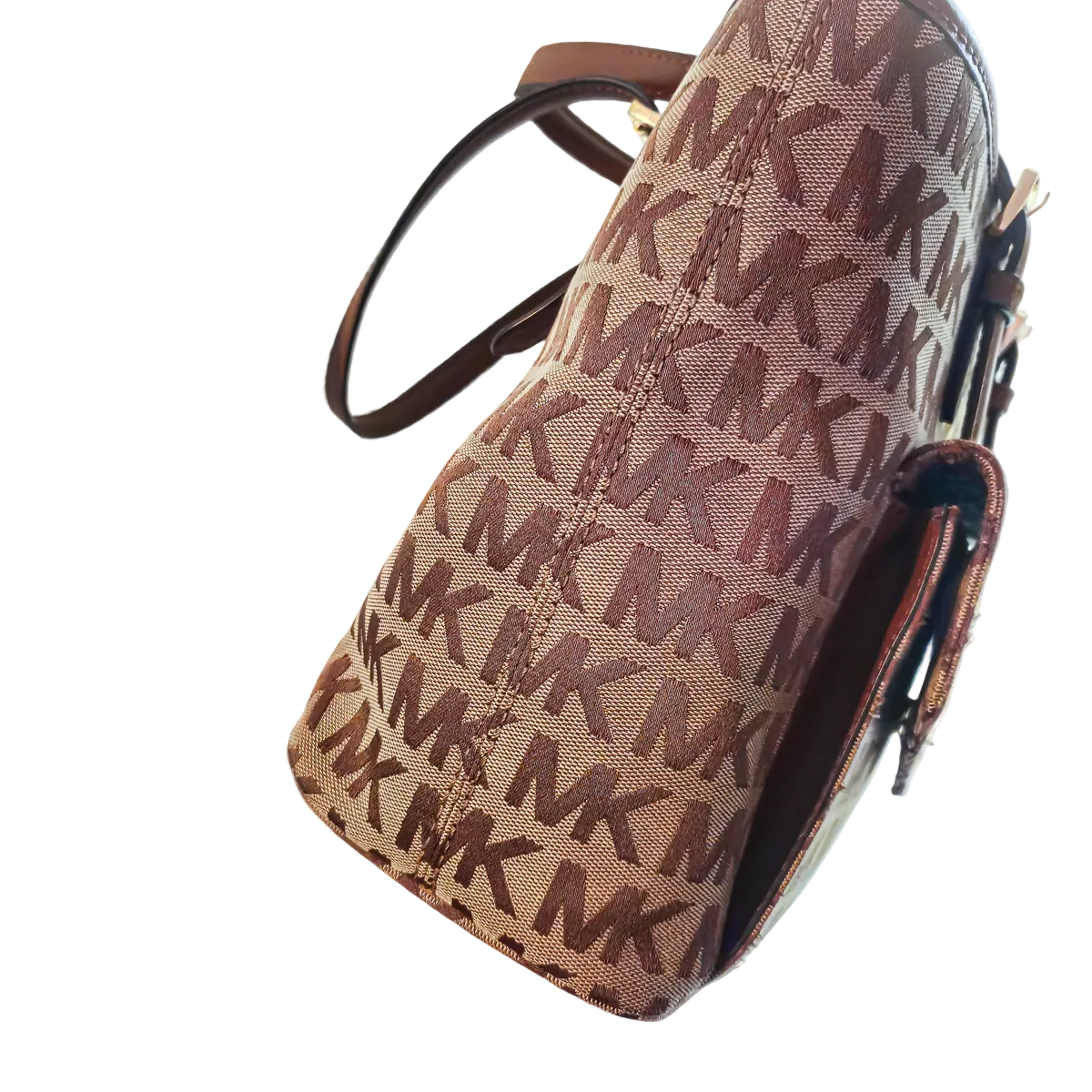 Michael Kors MK Signature Tote Bag Beige Brown Leather Shoulder Bag