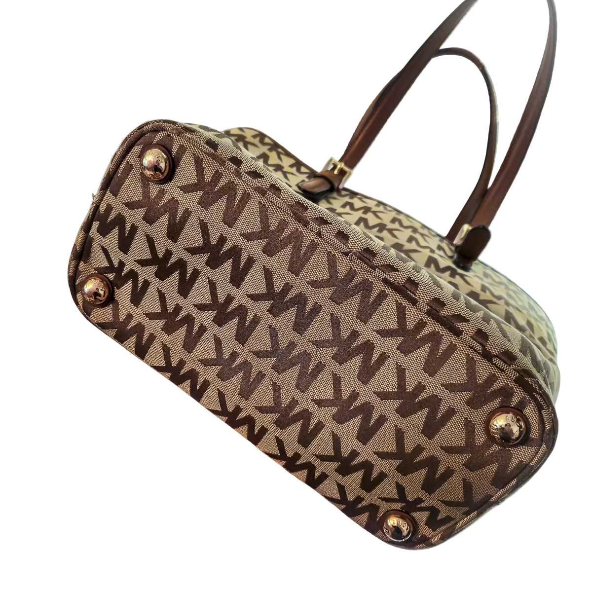 Michael Kors MK Signature Tote Bag Beige Brown Leather Shoulder Bag