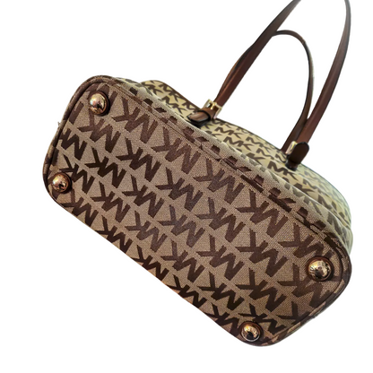Michael Kors MK Signature Tote Bag Beige Brown Leather Shoulder Bag