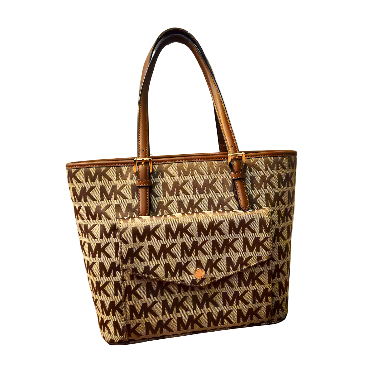 Michael Kors MK Signature Tote Bag Beige Brown Leather Shoulder Bag