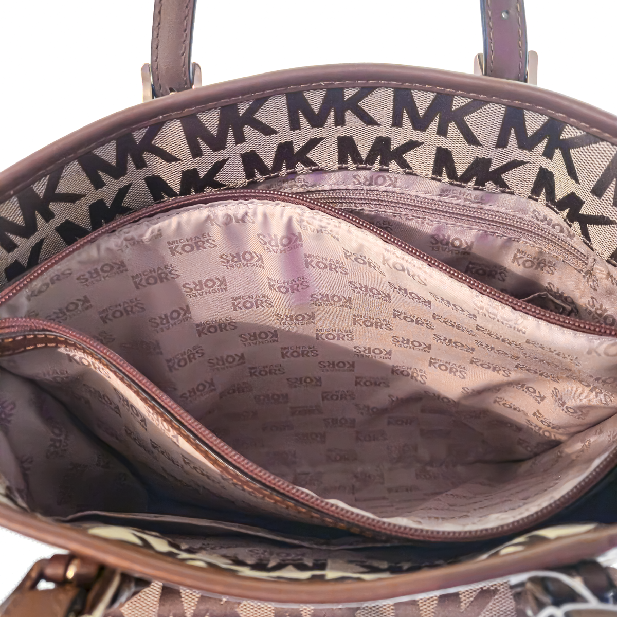 Michael Kors MK Signature Tote Bag Beige Brown Leather Shoulder Bag