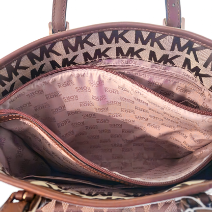Michael Kors MK Signature Tote Bag Beige Brown Leather Shoulder Bag