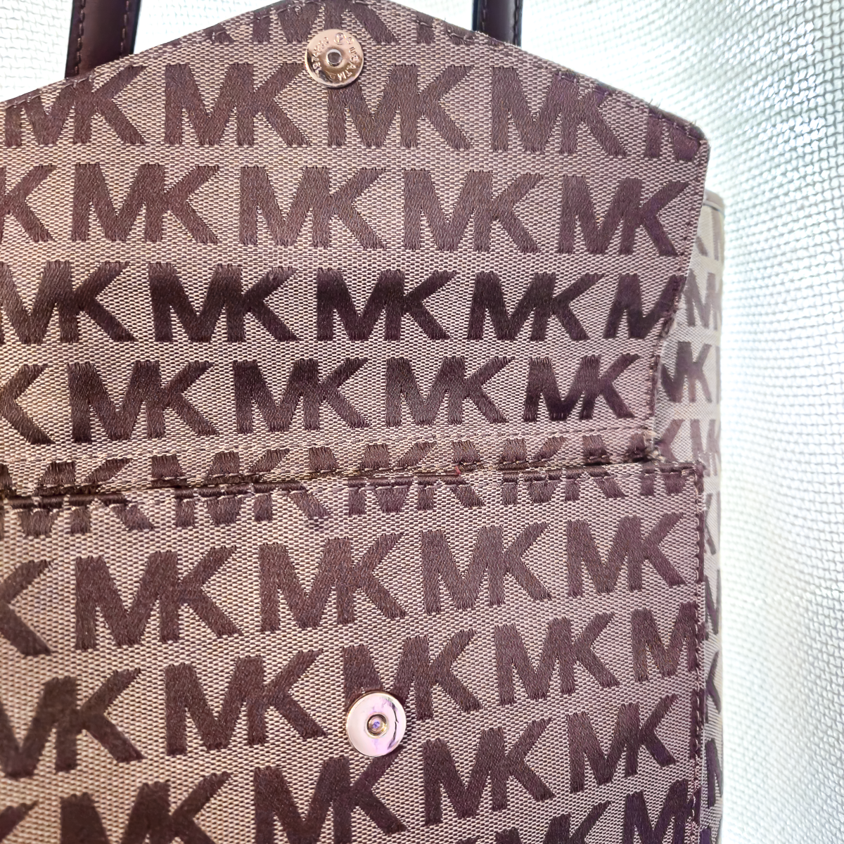 Michael Kors MK Signature Tote Bag Beige Brown Leather Shoulder Bag