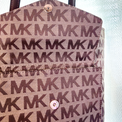 Michael Kors MK Signature Tote Bag Beige Brown Leather Shoulder Bag