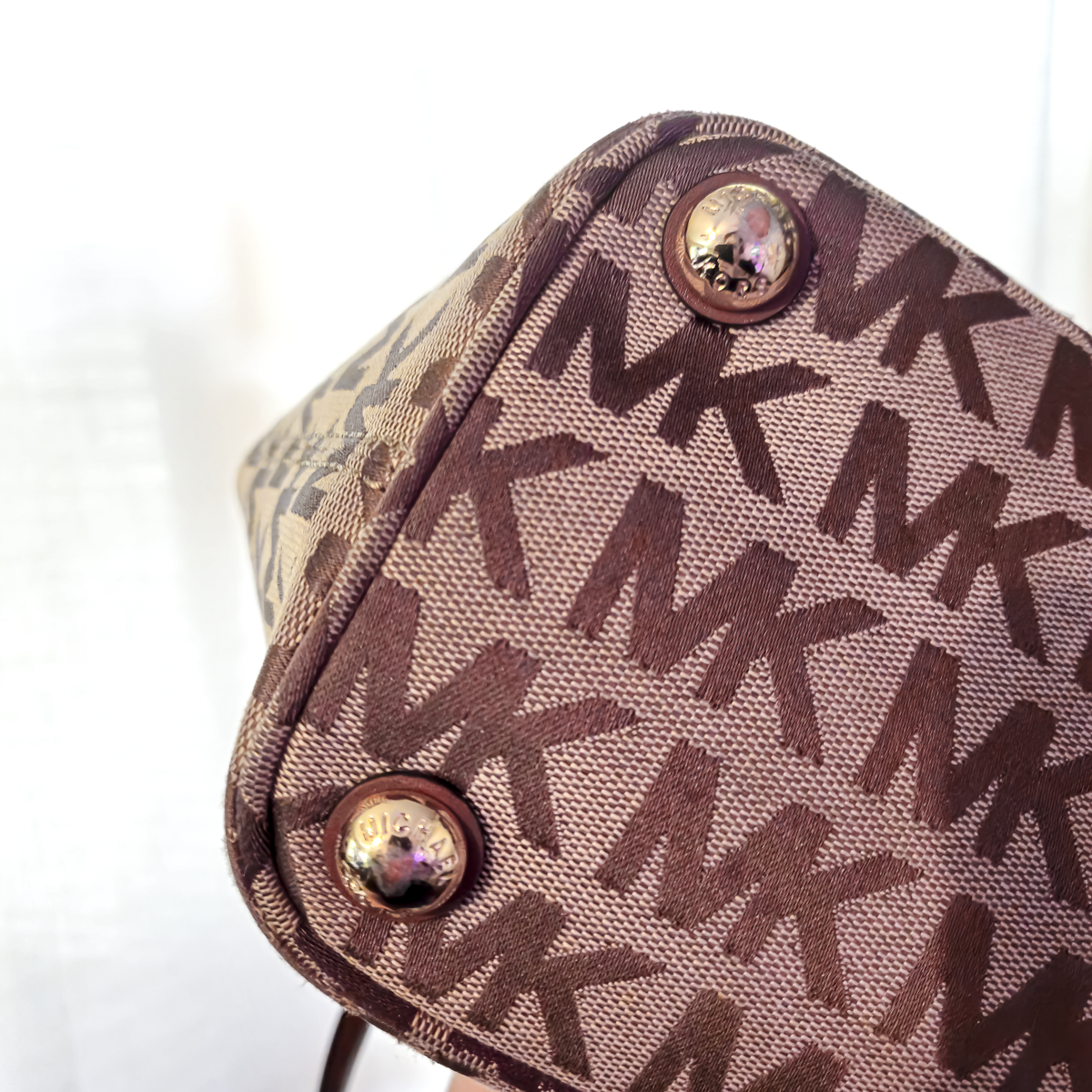 Michael Kors MK Signature Tote Bag Beige Brown Leather Shoulder Bag
