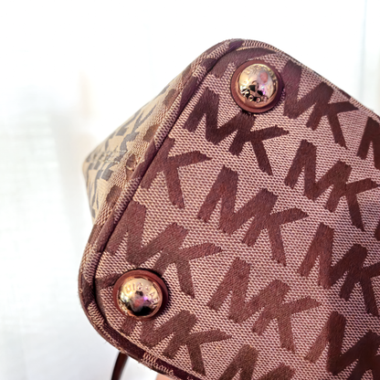 Michael Kors MK Signature Tote Bag Beige Brown Leather Shoulder Bag