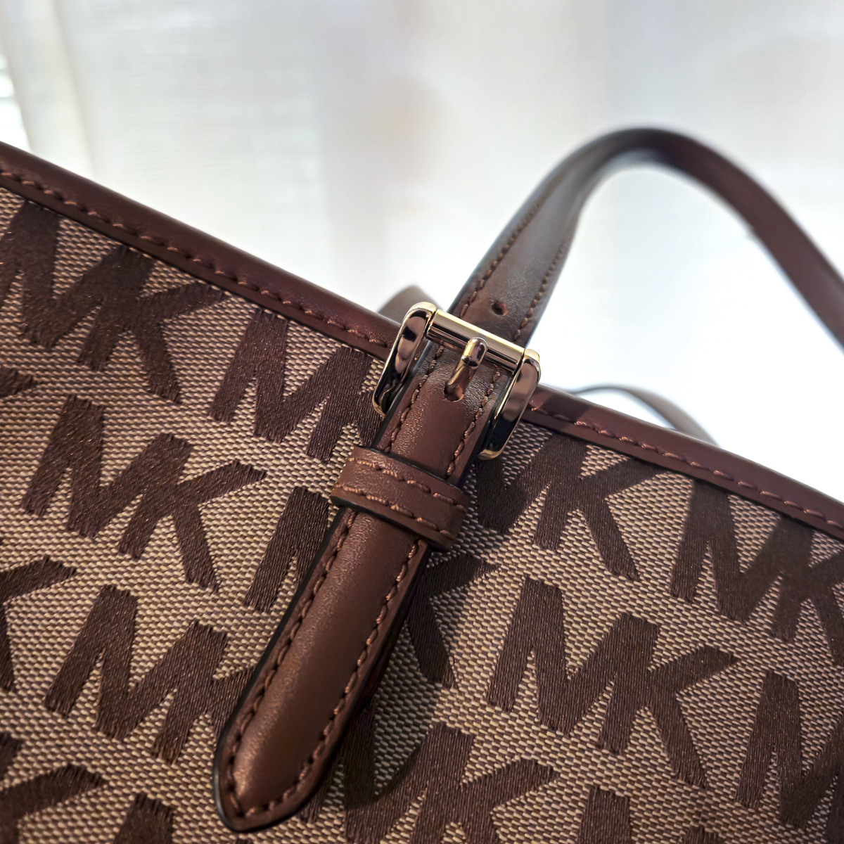 Michael Kors MK Signature Tote Bag Beige Brown Leather Shoulder Bag