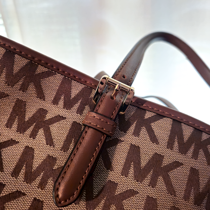 Michael Kors MK Signature Tote Bag Beige Brown Leather Shoulder Bag