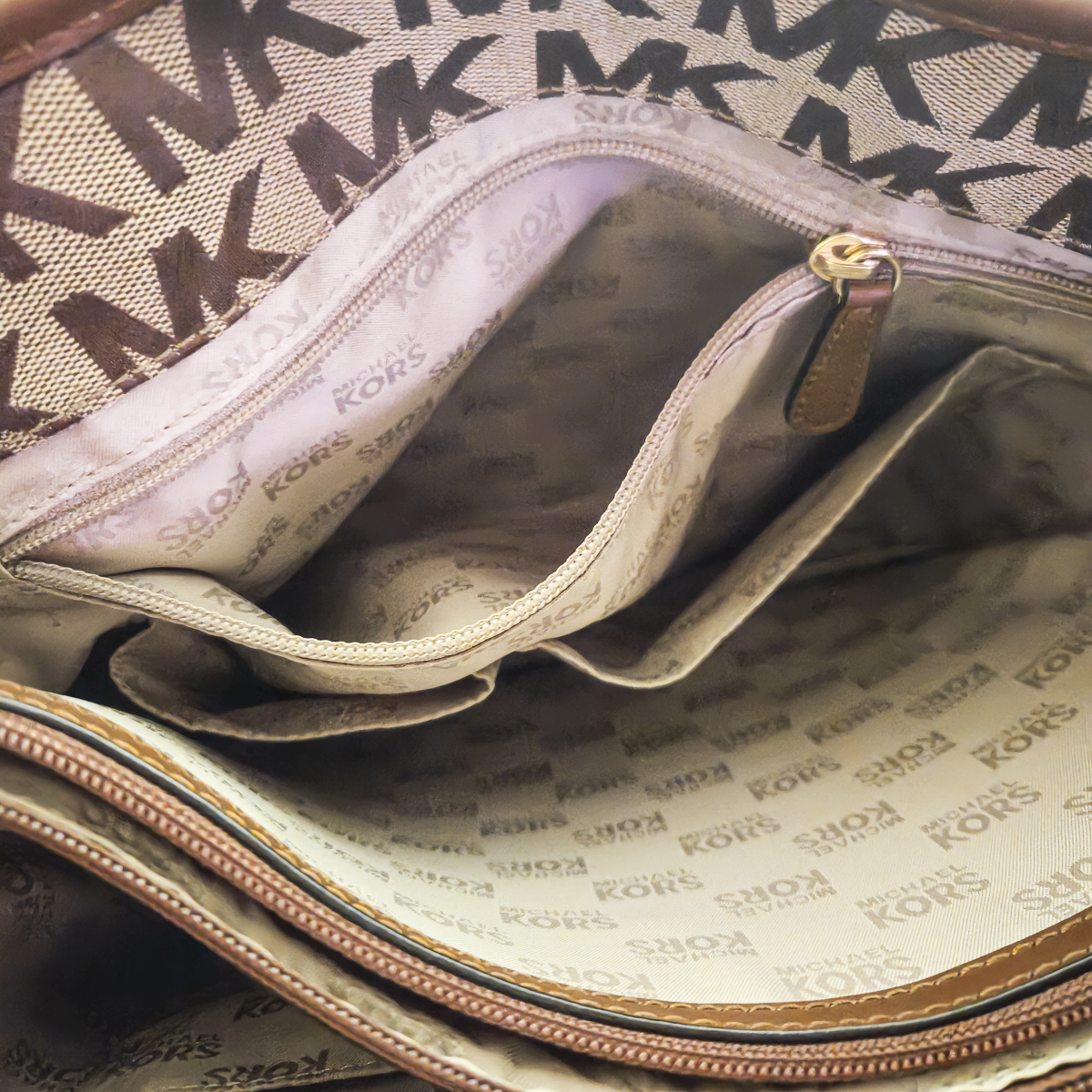 Michael Kors MK Signature Tote Bag Beige Brown Leather Shoulder Bag