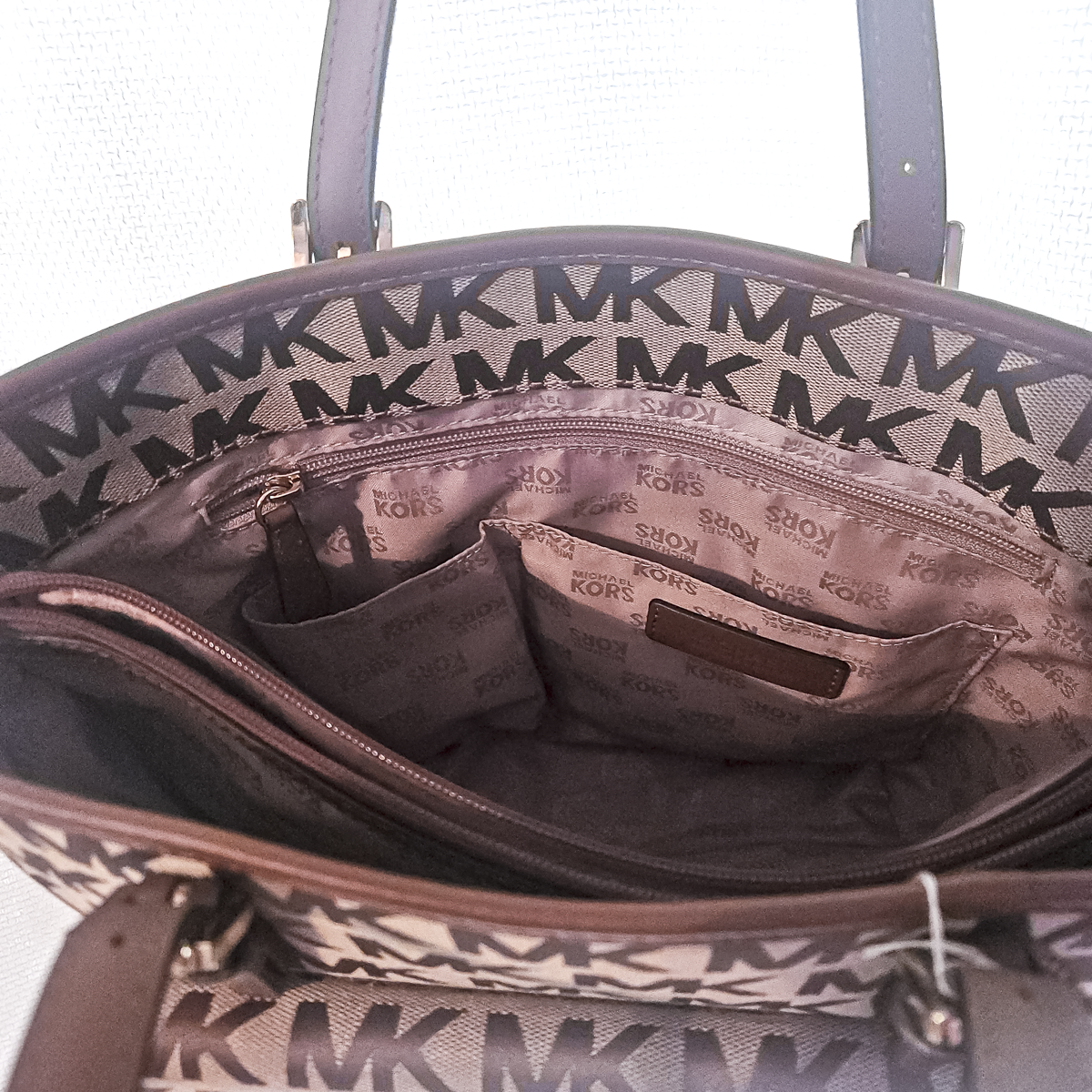 Michael Kors MK Signature Tote Bag Beige Brown Leather Shoulder Bag